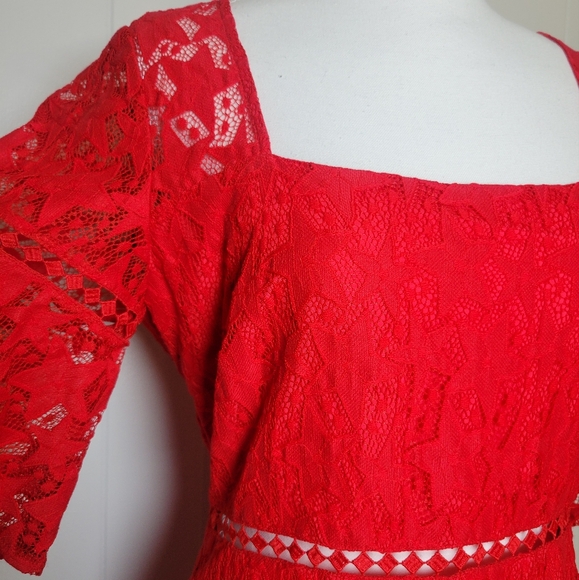 NWT MinkPink Cherry Red Starstruck Lace Mini Party Dress Sheer Back Star Print M - Picture 8 of 14